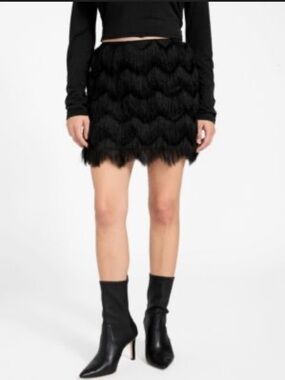 Guess Black Layered Fringe Mini Skirt